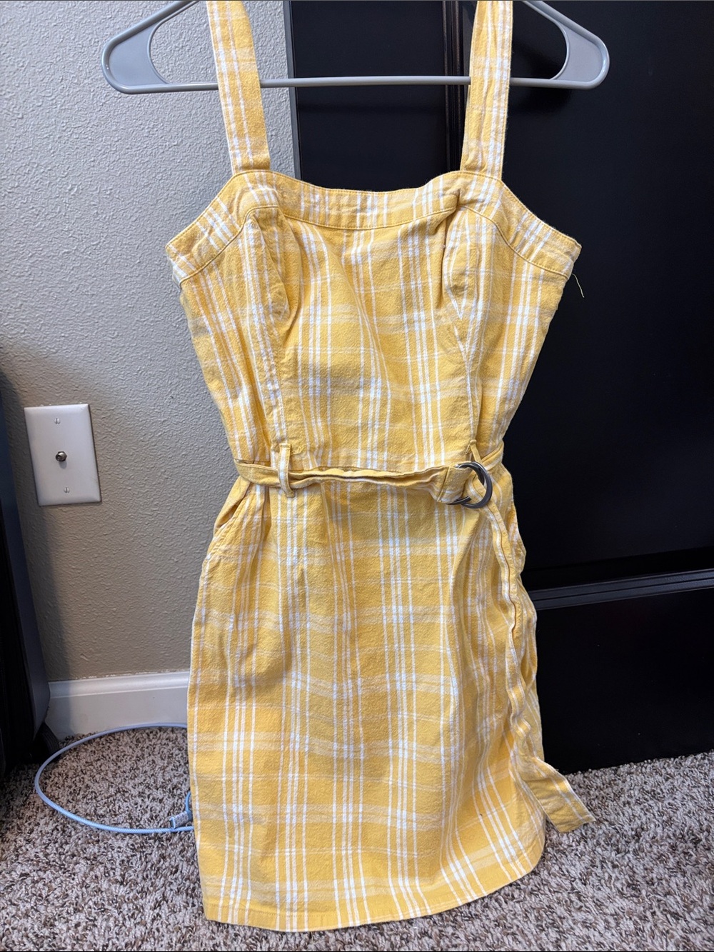 Hollister Yellow and White Plaid Mini Dress with D-Ring Belt and Pockets